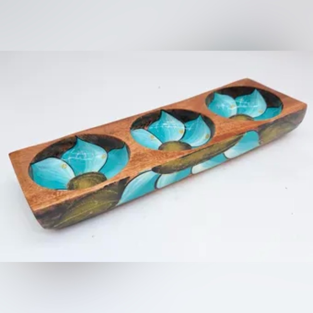 Triple Divided Snack Wooden Bowl Hand Painted Boho Design Teal Black Floral EUC!